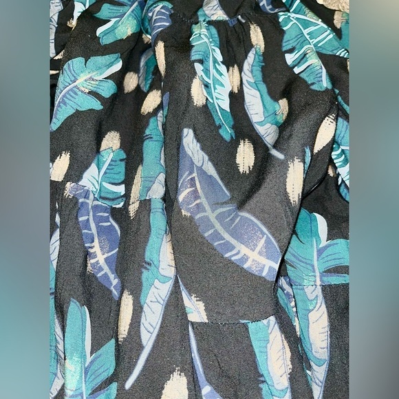 Italian linen black gold glitter leaf pattern tiered dress w/motherpearl buttons - Picture 12 of 13